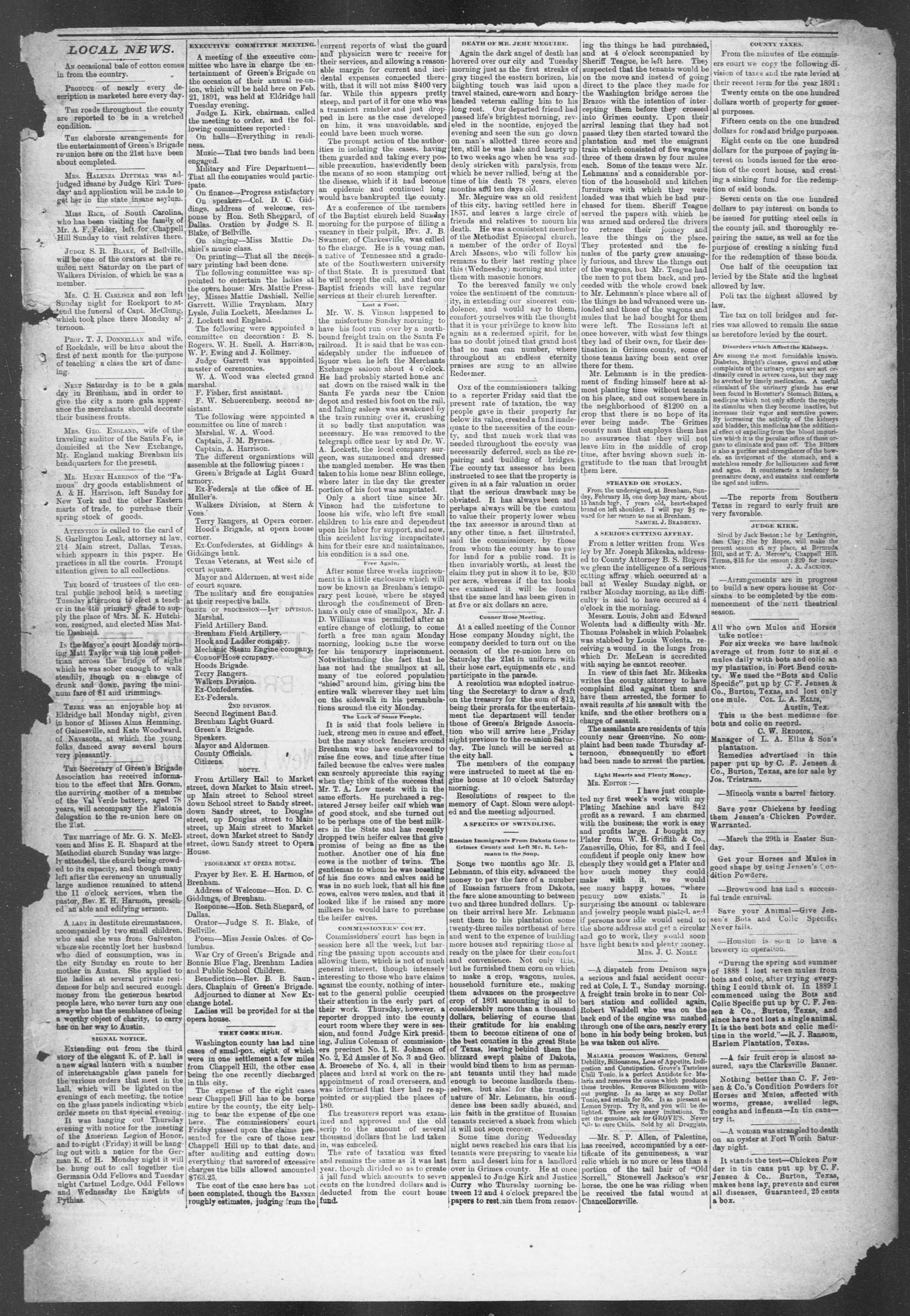 Brenham Weekly Banner. (Brenham, Tex.), Vol. 26, No. 8, Ed. 1, Thursday, February 19, 1891
                                                
                                                    [Sequence #]: 5 of 8
                                                