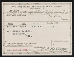 [Receipt for Payment to the Pan-American Life Insurance Company, March 18, 1935]