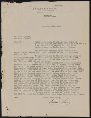 [Letter from Sayles & Sayles to C. W. Kenner, October 11, 1919]