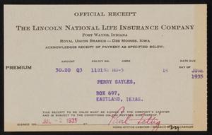 Primary view of object titled '[Receipt for Payment to the Lincoln National Life Insurance Company, July 2, 1935]'.