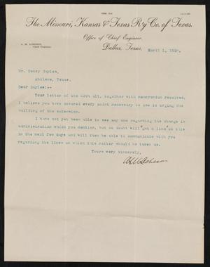 [Letter from A. M. Acheson to Henry Sayles, April 1, 1912]