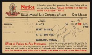 Primary view of object titled '[Postcard From Union Mutual Life Company of Iowa to Perry Sayles, November 13, 1935]'.