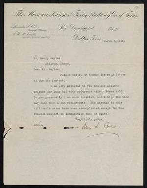 [Letter from Alexander S. Coke to Henry Sayles, March 8,1913]