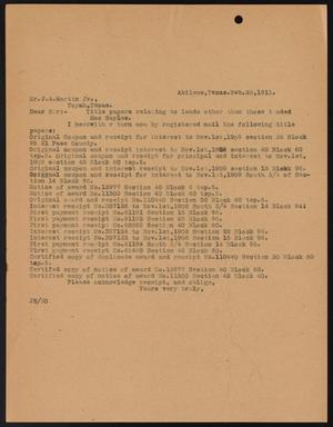 [Letter from John Sayles to J. A. Martin, February 22, 1911]