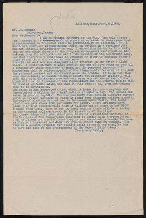 Primary view of object titled '[Letter from Henry Sayles to I. H. Kempner, September 11, 1908]'.