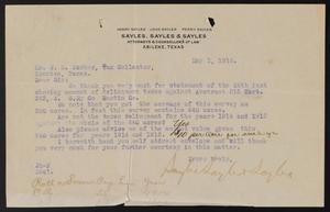 Primary view of object titled '[Letter from Sayles, Sayles, & Sayles to W. S. Parker, May 1, 1916]'.