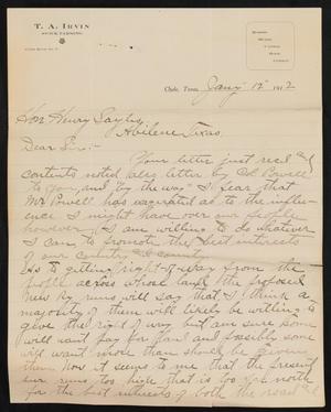 [Letter from T. A. Irvin to Henry Sayles, January 12, 1912]