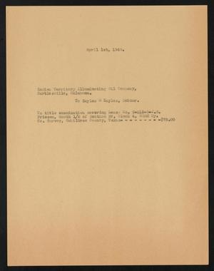 Primary view of object titled '[Document Listing Payment From Indian Territory Illuminating Oil Company to Sayles & Sayles, April 1, 1940]'.