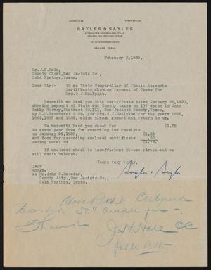 [Letter from Sayles and Sayles to J. H. Hale, February 3, 1930]