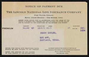 Primary view of object titled '[Notice of Payment Due From The Lincoln National Life Insurance Company to Perry Sayles]'.