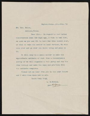 Primary view of object titled '[Letter from L. M. Kirkes to John Sayles, October 28, 1909]'.