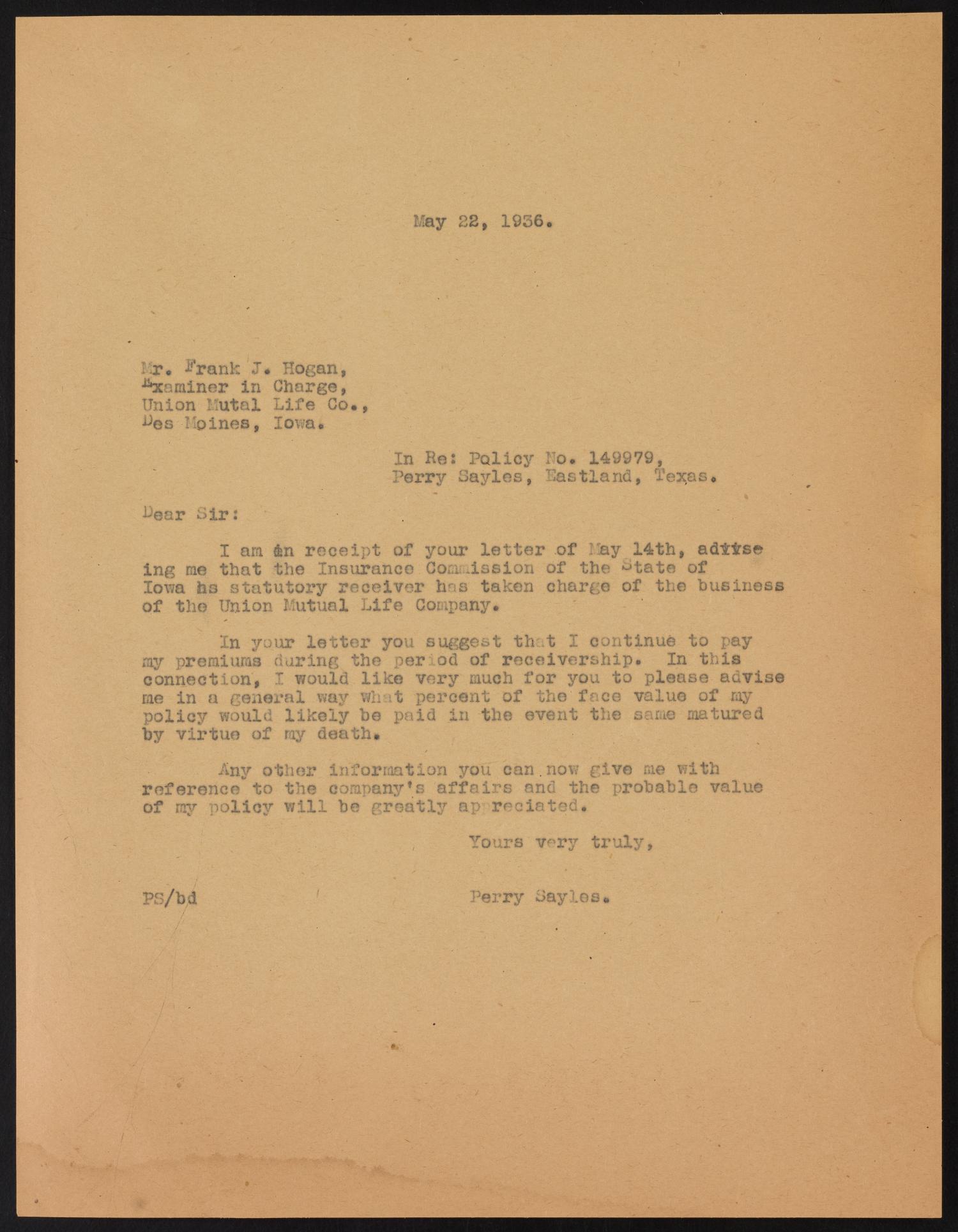 [Letter from Perry Sayles to Frank J. Hogan, May 22,1936]
                                                
                                                    [Sequence #]: 1 of 2
                                                