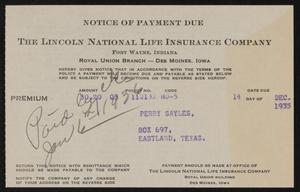 Primary view of object titled '[Notice of Payment Due From the Lincoln National Life Insurance Company to Perry Sayles]'.
