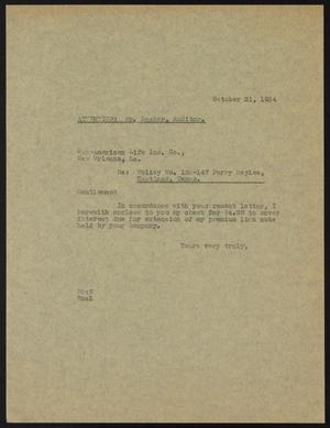 [Letter from Perry Sayles to Pan-American Life Insurance Company, October 31, 1934]