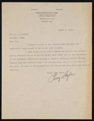 [Letter from Perry Sayles to H. A. Tillett, March 4,1926]