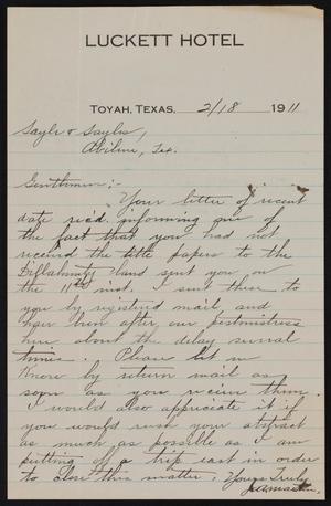 [Letter from J. A. Martin to Sayles and Sayles, February 18, 1911]