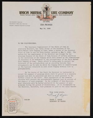 Primary view of object titled '[Letter from Frank J. Hogan to Union Mutual Life Company Policyholders, May 14, 1936]'.