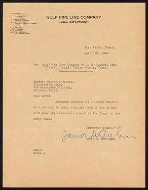 Primary view of object titled '[Letter from David W. Stephens to Sayles & Sayles, April 25,1928]'.