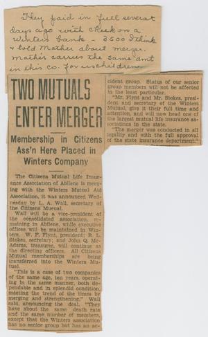 Primary view of object titled '[Clipping: Two Mutuals Enter Merger]'.