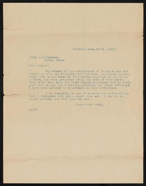 Primary view of object titled '[Letter from Henry Sayles to I. N. Jackson, April 3, 1912]'.