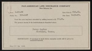 [Pan-American Life Insurance Company Notice To Perry Sayles, April 20, 1936]