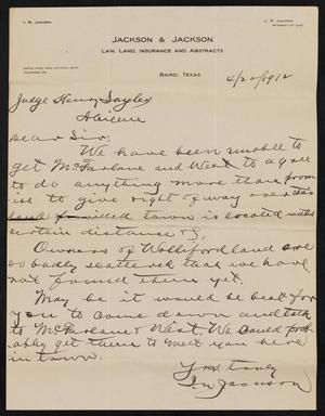 [Letter from I. N. Jackson to Henry Sayles, April 20, 1912]