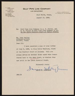 Primary view of object titled '[Letter from David W. Stephens to John Sayles, August 13, 1930]'.