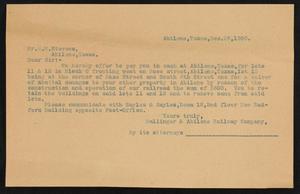 [Letter from Ballinger & Abilene Railway Company to H. M. Stevens, December 29, 1908]