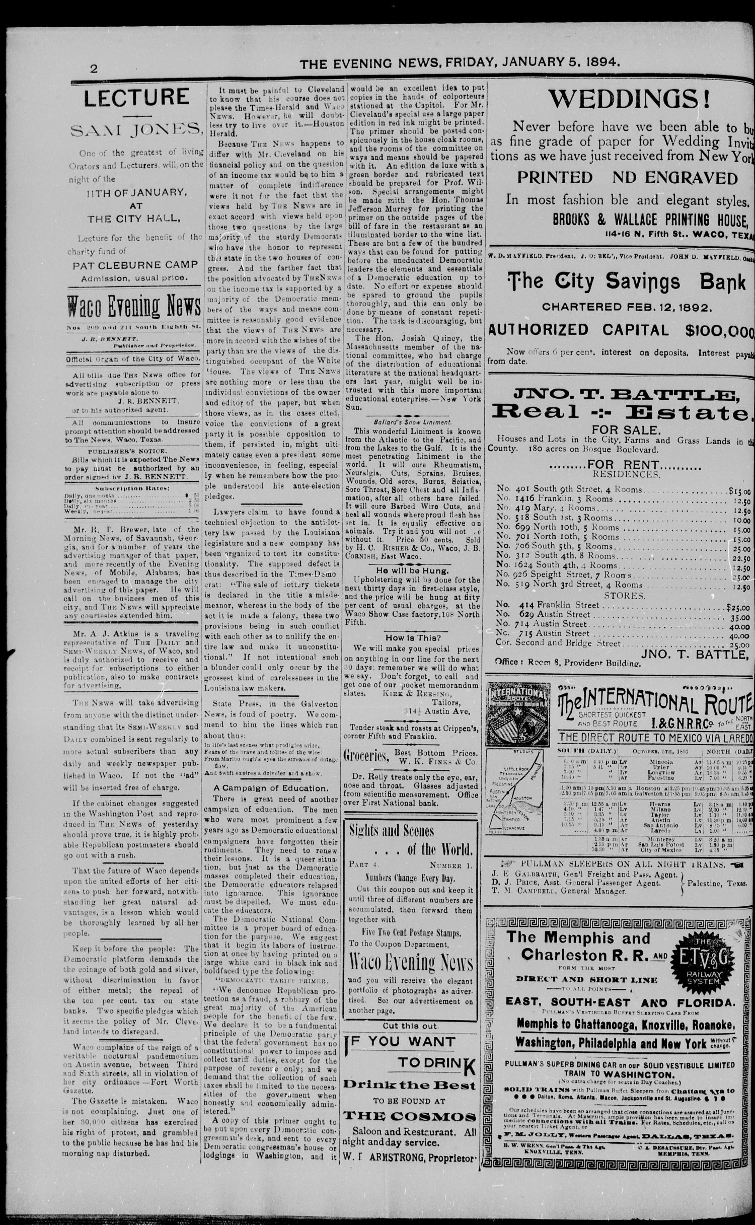 The Waco Evening News. (Waco, Tex.), Vol. 6, No. 148, Ed. 1, Friday, January 5, 1894
                                                
                                                    [Sequence #]: 2 of 8
                                                