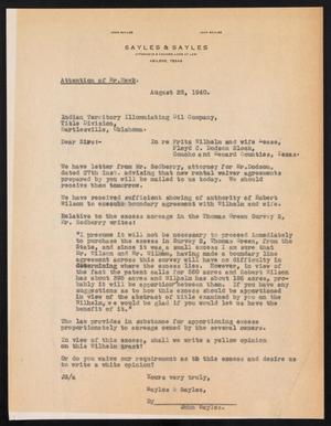 Primary view of object titled '[Letter from John Sayles to Mr. Hawk, August 28, 1940]'.