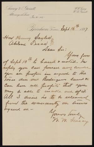 [Letter from W. W. Searcy to Henry Sayles, September 16, 1897]