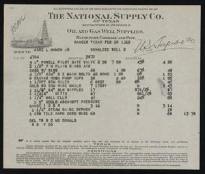 Primary view of object titled '[Invoice From the National Supply Company to Jake L. Hamon, Jr., February 28, 1925]'.