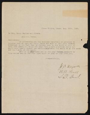 Primary view of object titled '[Letter from J. A.  Wagner to Henry Sayles, August 25,1909]'.