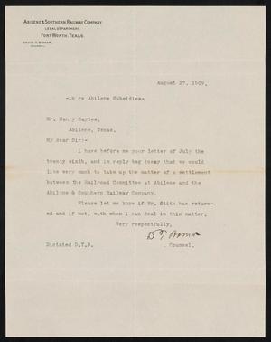 Primary view of object titled '[Letter from David T. Bomar to Henry Sayles, August 27, 1909]'.