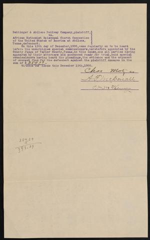 Primary view of object titled '[Document Relating to Ballinger & Abilene Railway Company vs. African Methodist Episcopal Church Connection of the United States of America at Abilene, Texas]'.