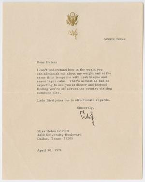 [Letter from Lyndon B. Johnson to Helen Corbitt, April 30, 1971]