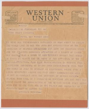 Primary view of object titled '[Telegram from Stanley Marcus to Helen Corbitt, February 1949]'.