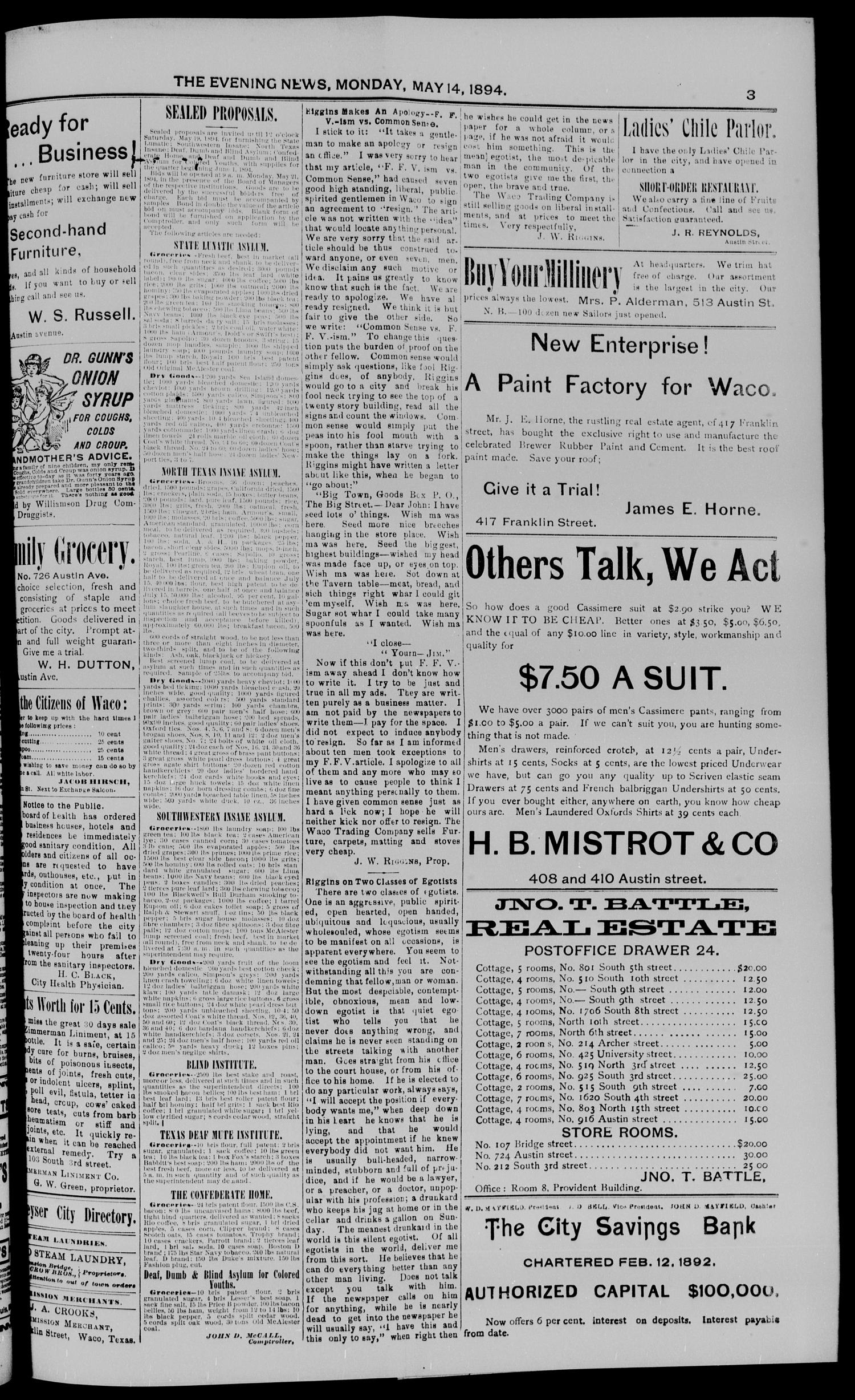 The Waco Evening News. (Waco, Tex.), Vol. 6, No. 258, Ed. 1, Monday, May 14, 1894 - Page 3 of 8 ...