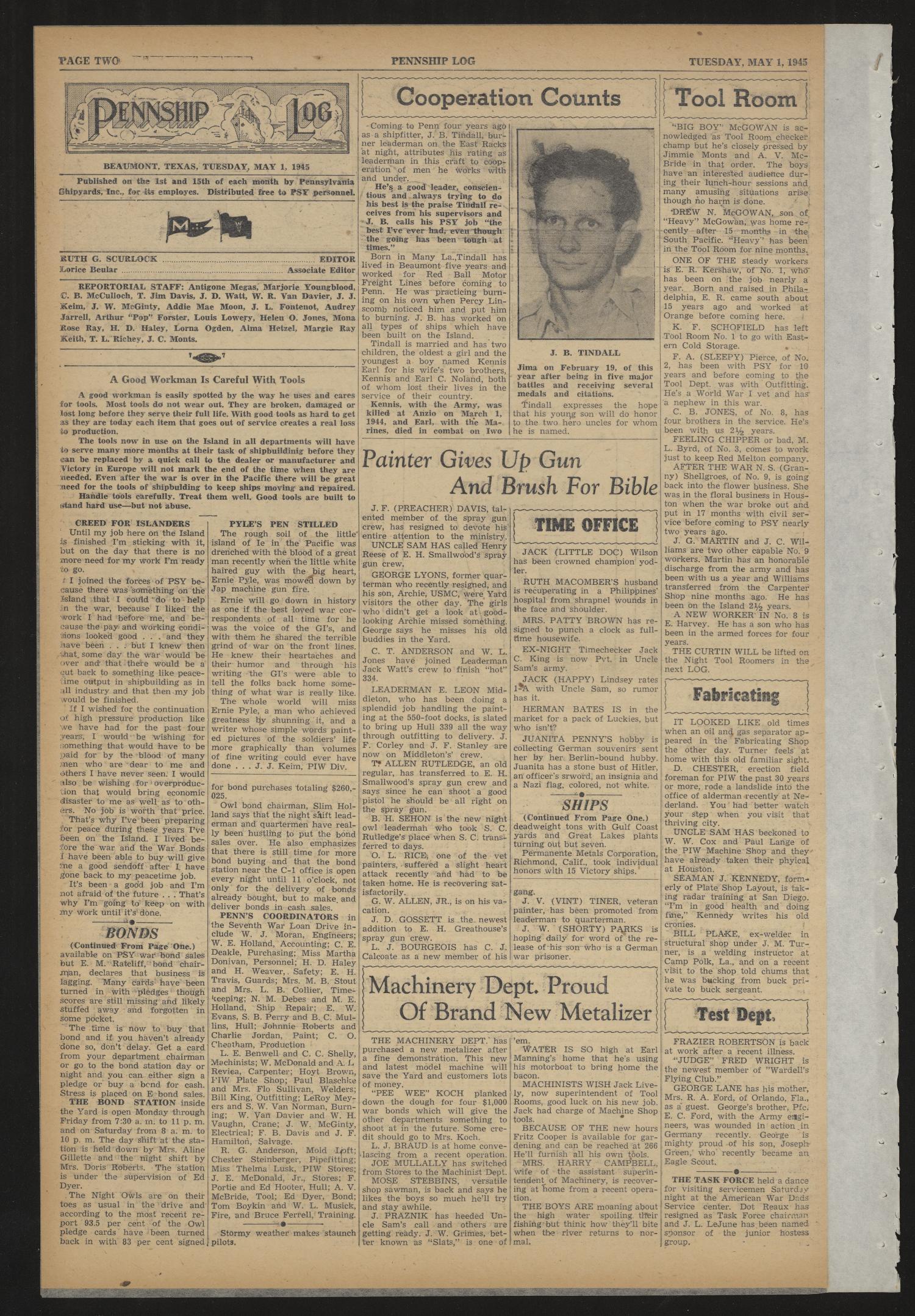 Pennship Log (Beaumont, Tex.), Vol. 3, No. 11, Ed. 1 Tuesday, May 1, 1945
                                                
                                                    [Sequence #]: 2 of 4
                                                