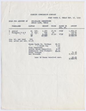 [Invoice for Cattle Account, September 16, 1955]