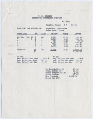 [Invoice for Sugarland Industries Cattle Account, August 4, 1955]