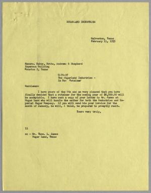 [Letter from I. H. Kempner to Baker, Botts, Andrews & Shepherd, February 11, 1955]