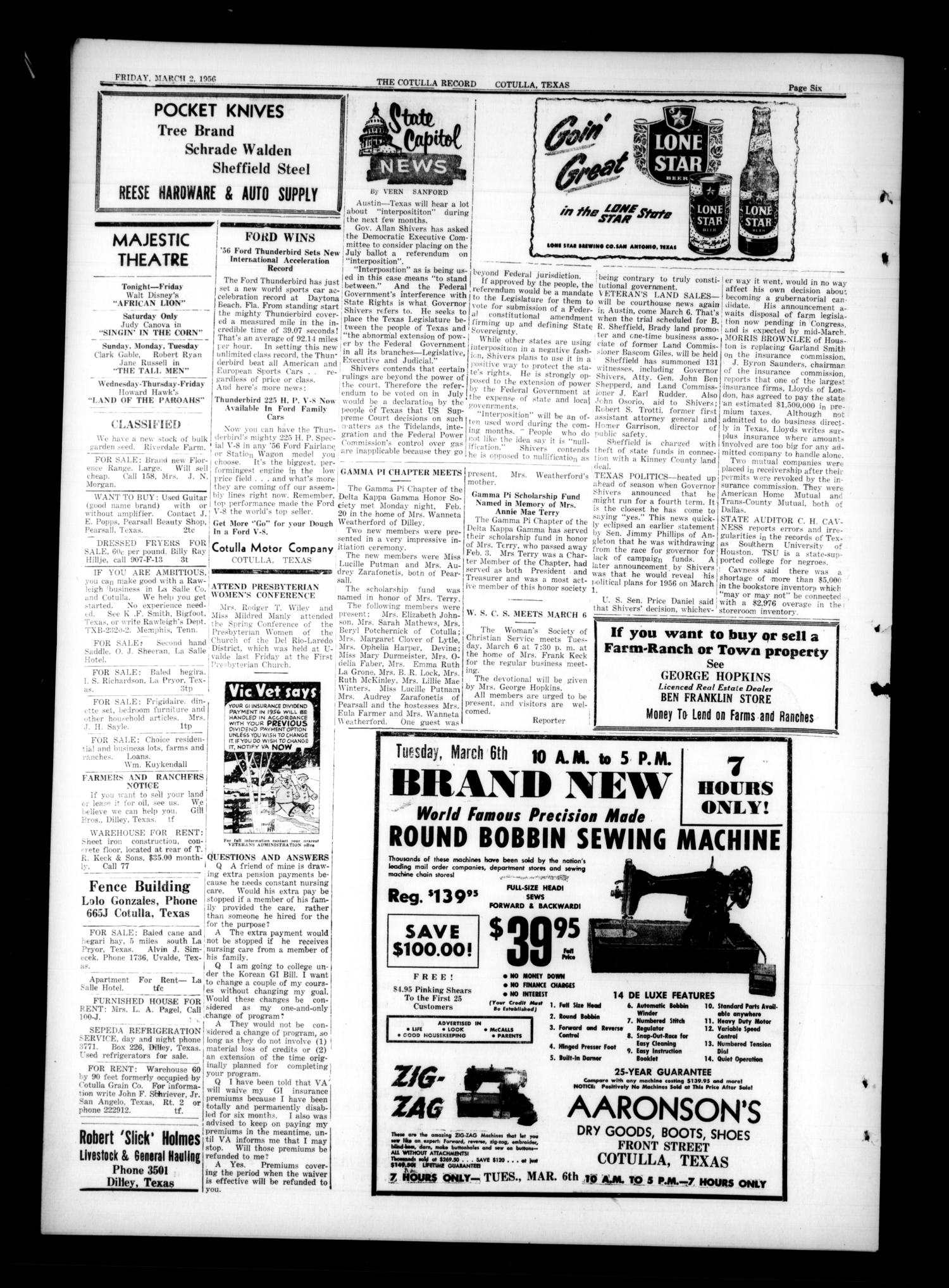 The Cotulla Record (Cotulla, Tex.), Vol. 59, No. 4, Ed. 1 Friday, March 2, 1956
                                                
                                                    [Sequence #]: 6 of 6
                                                