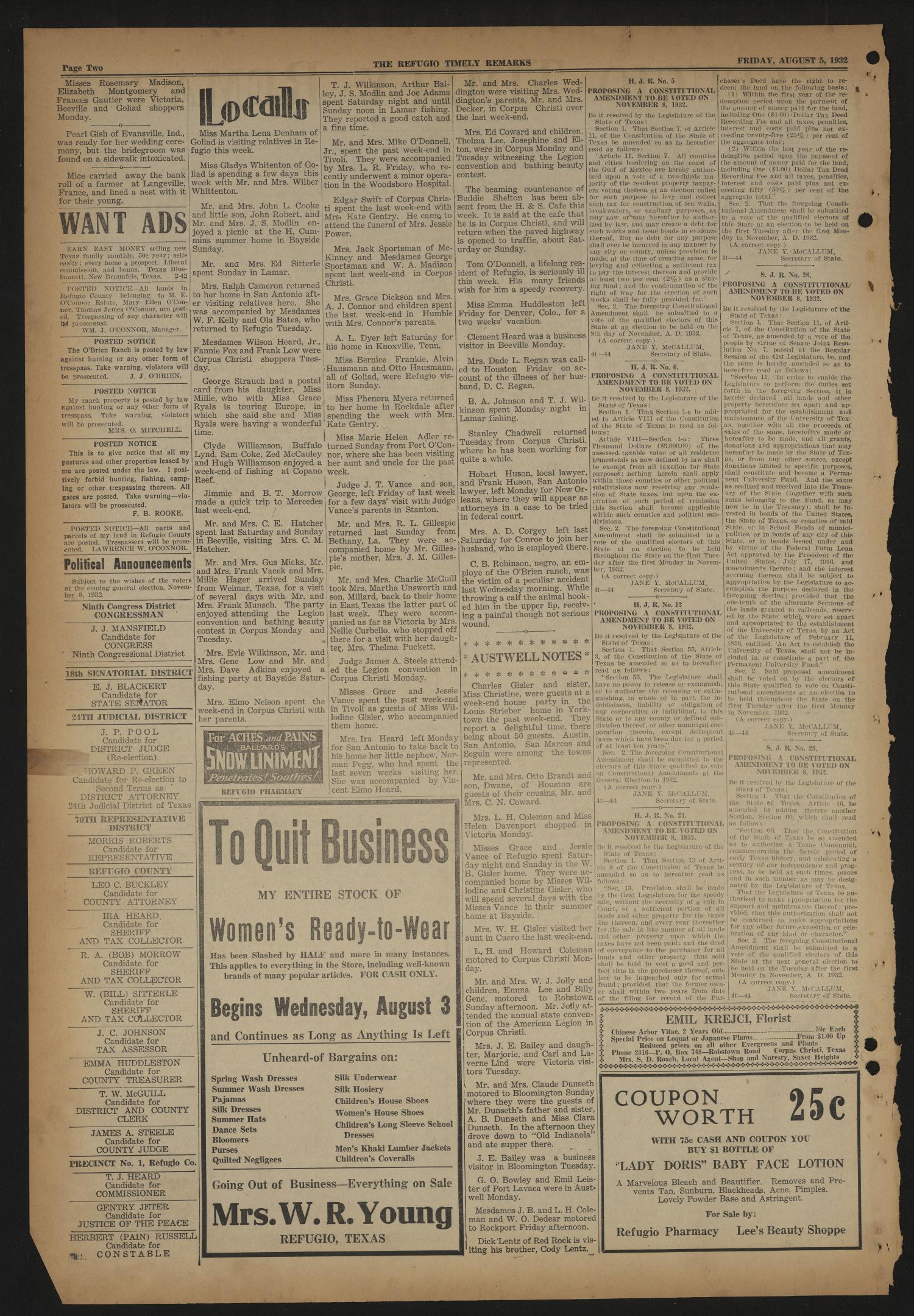 Refugio Timely Remarks and Refugio County News (Refugio, Tex.), Vol. 4, No. 41, Ed. 1 Friday, August 5, 1932
                                                
                                                    [Sequence #]: 2 of 6
                                                