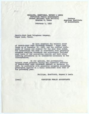 [Letter from Phillips, Sheffield, Hopson & Lewis to Harris Fort Bend Telephone Company, February, 1, 1955]