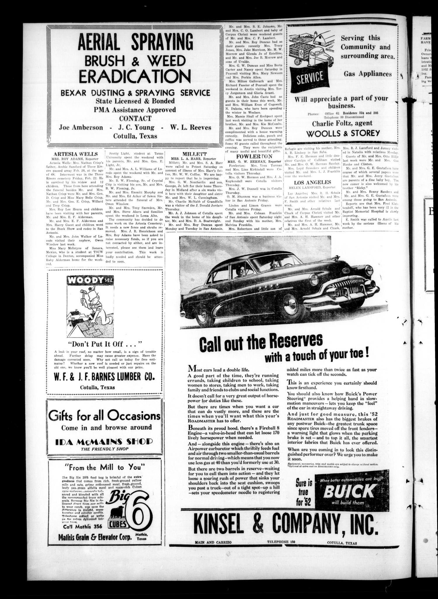 The Cotulla Record (Cotulla, Tex.), Vol. 55, No. 1, Ed. 1 Friday, March 7, 1952
                                                
                                                    [Sequence #]: 2 of 6
                                                