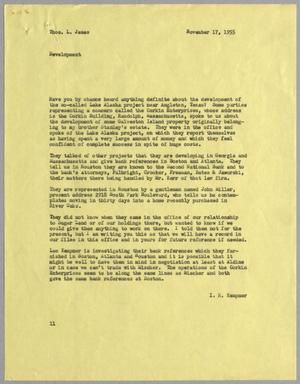 Primary view of object titled '[Letter from I. H. Kempner to Thomas L. James, November 17, 1955]'.