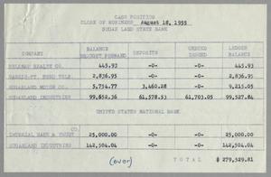 [Sugar Land State Bank, Cash Position, August 18, 1955]