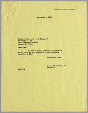[Letter from A. H. Blackshear, Jr. to Baker, Botts, Andrews & Shepherd, November 2, 1955]
