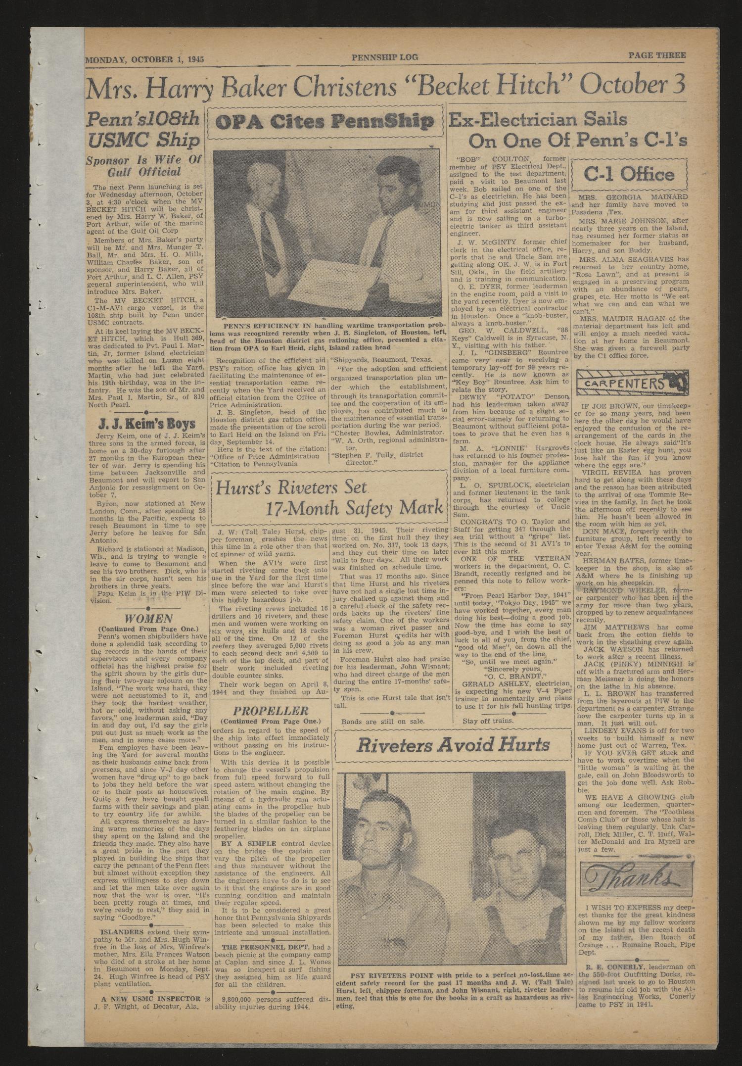 Pennship Log (Beaumont, Tex.), Vol. 3, No. 21, Ed. 1 Monday, October 1, 1945
                                                
                                                    [Sequence #]: 3 of 4
                                                